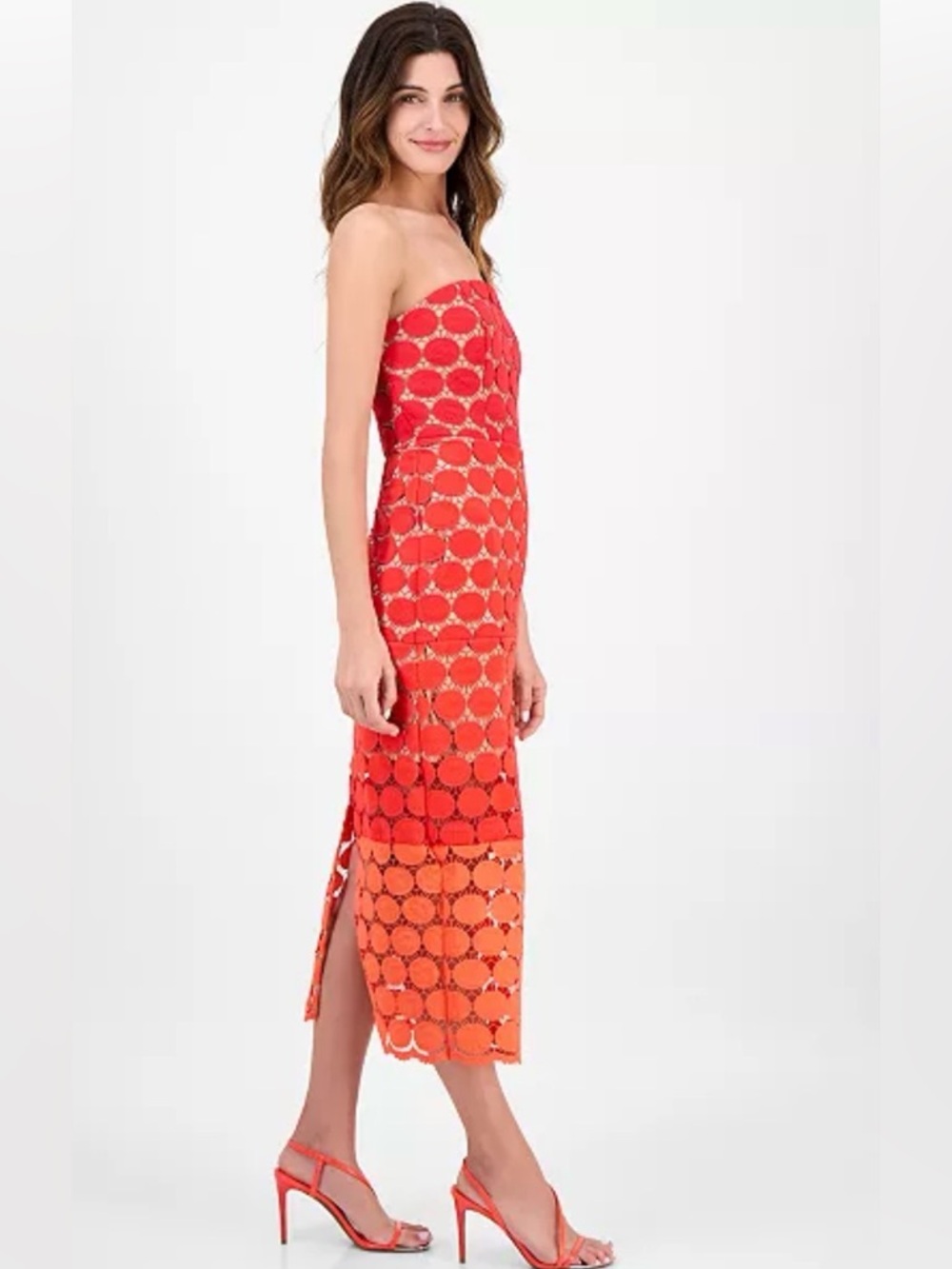 NWT Sam Edelman Strapless Red to Orange Ombre Eyelet Midi Dress Sz 2